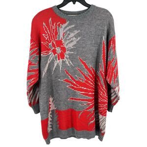 Vintage Yves Venet Floral Abstract Tunic Sweater Women's Size 42 Medium Red Gray